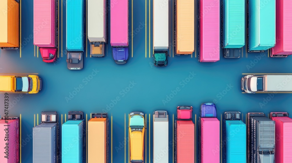 Fototapeta premium Cargo transport in import-export logistics flat design top view navigation theme 3D render colored pastel 