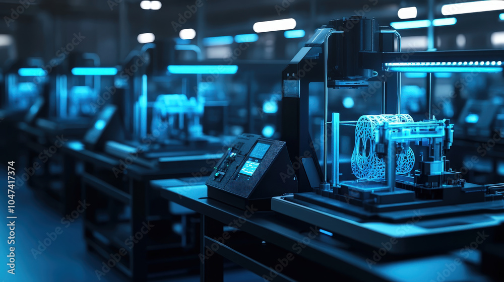 Naklejka premium A row of cutting-edge 3D printers producing intricate designs in a high-tech industrial factory-2.jpg
