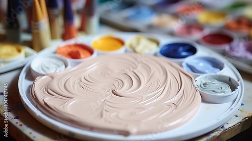 Artistic palette with various paint colors prepared for creative activity in a studio setting