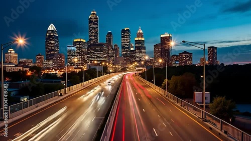 Charlotte, North Carolina Skyline at Night with Highway Traffic in Foreground