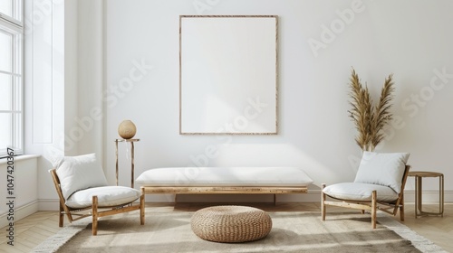An elegant and refined living room setup featuring a white canvas backdrop, Sparse yet tastefully arranged minimalist furnishings, Classic minimalist style