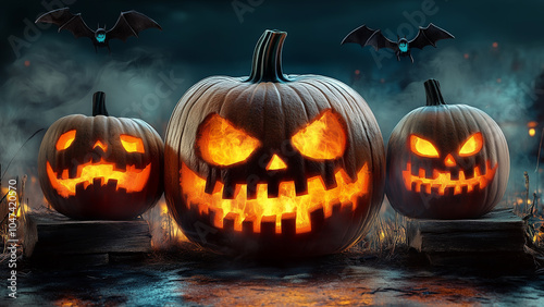 Three Halloween pumpkins with carved faces sit together against a spooky, dark backdrop. For Halloween commercials, banners, and advertisements.