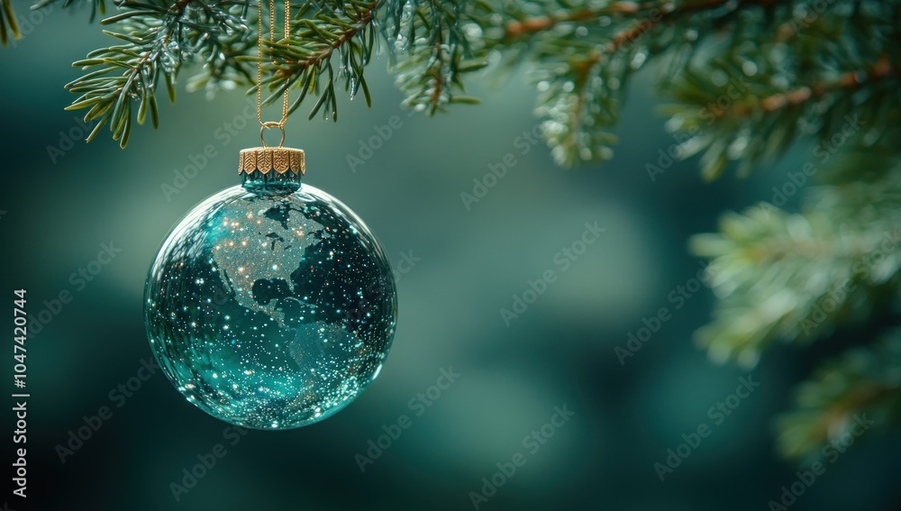 A decorative blue ornament hangs from a pine branch, evoking a festive atmosphere.