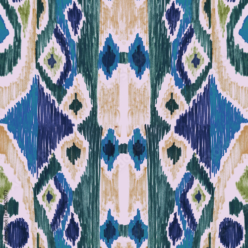 Ethnic abstract art ikat. Seamless ornamental print. Geometric ethnic pattern seamless color oriental. Design for background, curtain, carpet, wallpaper, clothing, packaging, batik