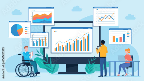 Vector graphic of three people analyzing various charts and graphs on a monitor. One person is in a wheelchair, another stands with a tablet, and the third sits at a desk with a laptop.