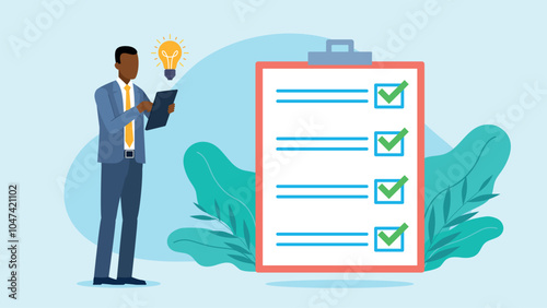 This vector graphic shows a man in a suit holding a tablet, standing next to a large checklist with green checkmarks. A lightbulb appears above him, symbolizing a new idea.