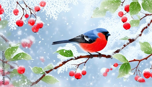 a small bullfinch bird with a red belly, sitting on a twig with red berries under snowdrifts, in a snowy winter background photo