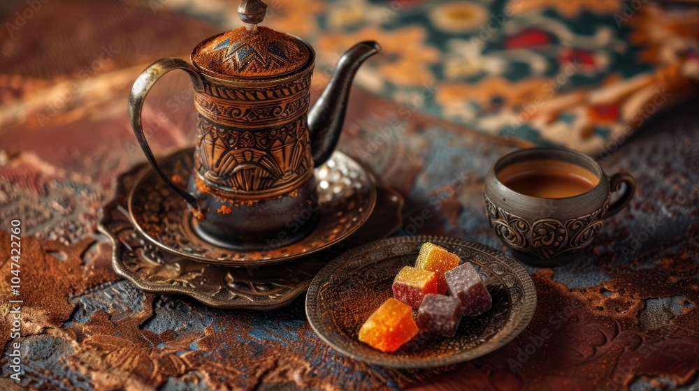Ornate Teapot, Cup, and Turkish Delight on a Rustic Table Ornate Teapot, Cup, and Turkish Delight on a Rustic Table