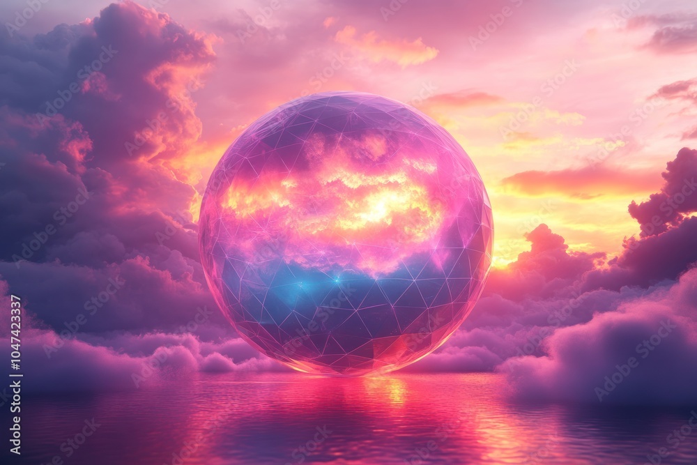 A surreal landscape featuring a glowing geometric sphere above a reflective water surface at sunset. A surreal landscape featuring a glowing geometric sphere above a reflective water surface at sunset.