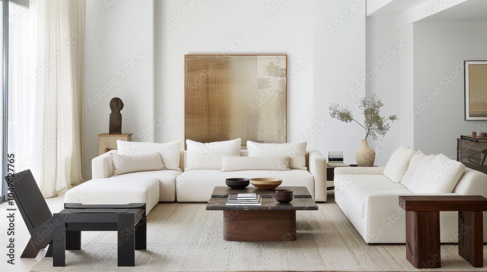 An elegant and serene living room design with a white canvas backdrop, Carefully arranged minimal furniture, Parisian minimalist style An elegant and serene living room design with a white canvas backdrop, Carefully arranged minimal furniture, Parisian minimalist style