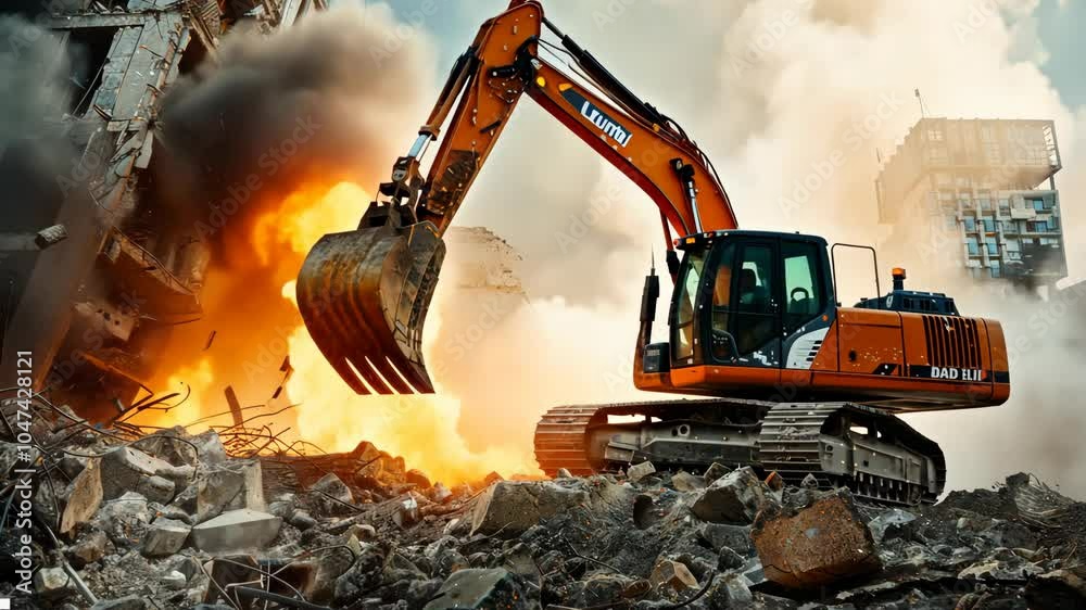 Demolition crew uses heavy machinery to demolish a building amid intense explosions and debris in a dramatic urban setting Demolition crew uses heavy machinery to demolish a building amid intense explosions and debris in a dramatic urban setting
