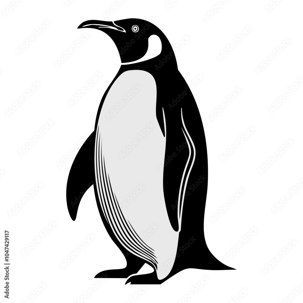 Obraz premium Detailed black silhouette of a penguin isolated on white background, side view. 