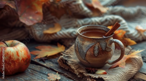 Rustic Autumn Still Life with Apple Cider, Cinnamon Stick, and Autumn Leaves