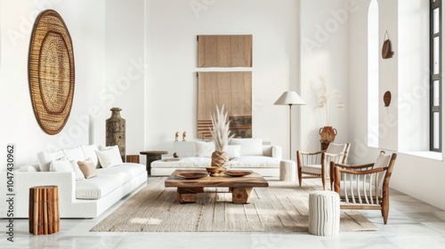 An elegant and sophisticated living room design featuring a minimalist white canvas background, Showcasing minimalist furniture arrangements for a timeless appeal photo