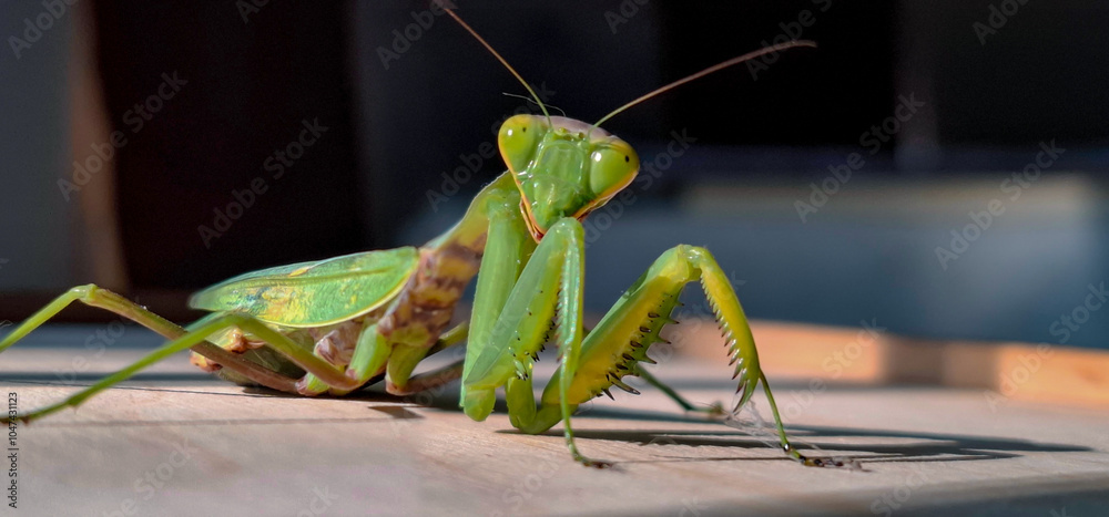 Large green praying mantis.
A large green grasshopper is a female praying mantis. Large green praying mantis.
A large green grasshopper is a female praying mantis.