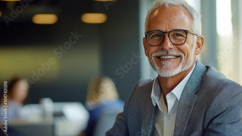 Smiling Mature Man in Modern Workspace Setting