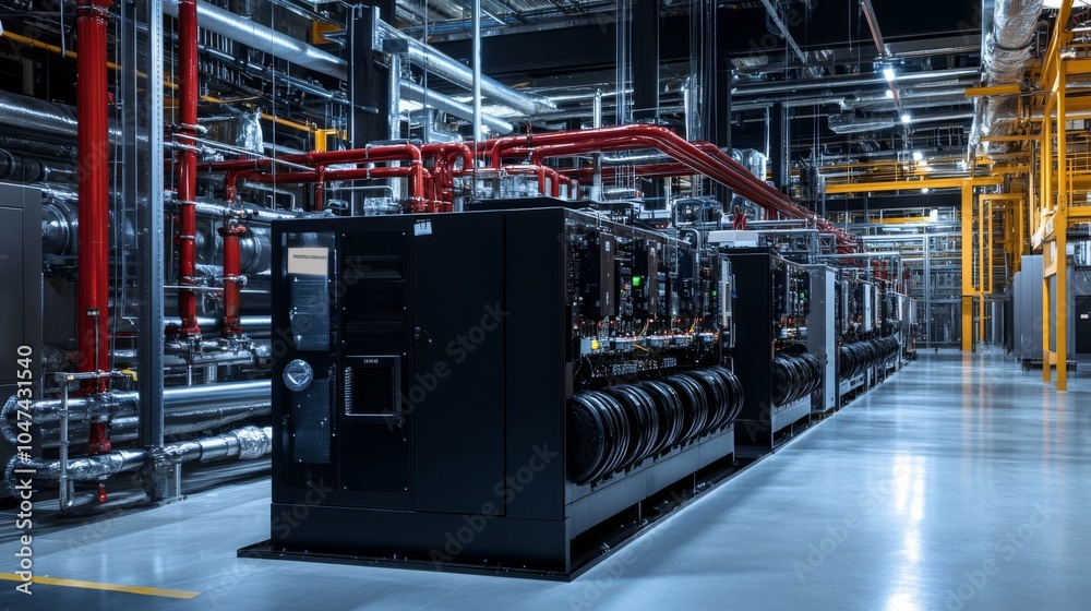 Cryptocurrency mining facility with industrial black finish and cooling systems Cryptocurrency mining facility with industrial black finish and cooling systems