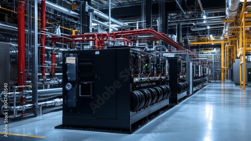 Cryptocurrency mining facility with industrial black finish and cooling systems