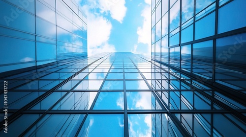 Modern Skyscraper Looking Upward with Blue Sky