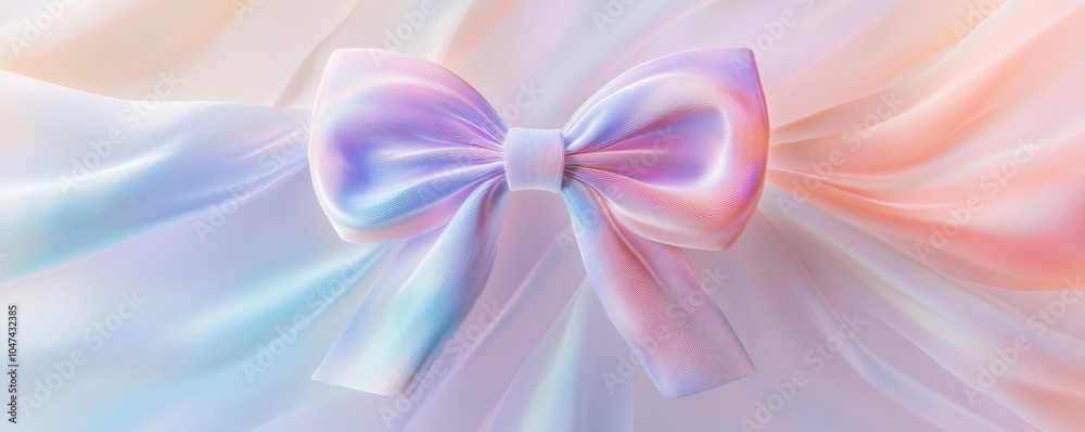 Fototapeta premium Large iridescent bow on flowing pastel silk fabric