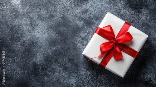 A single Christmas present wrapped in white paper and tied with a thin red ribbon, placed on a minimalist background.