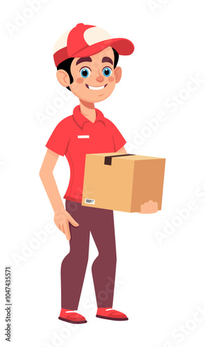 A cheerful cartoon delivery person in a red uniform, holding a package. The character’s friendly smile and professional attire represent efficient service and timely deliveries.