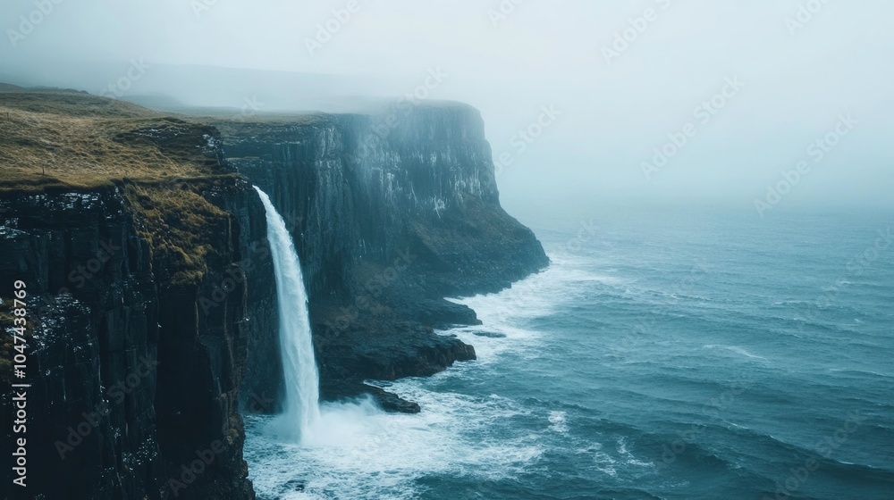Múlafossur waterfall plunging into the atlantic ocean from a cliff in the faroe islands Múlafossur waterfall plunging into the atlantic ocean from a cliff in the faroe islands