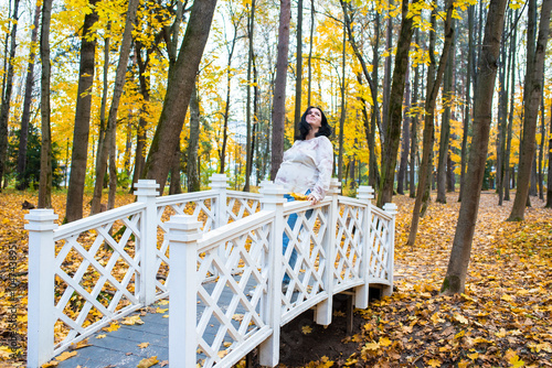 42 year old pregnant woman stands on a white bridge in an autumn park, yellow maple leaves lie around. pregnancy after 40. photo