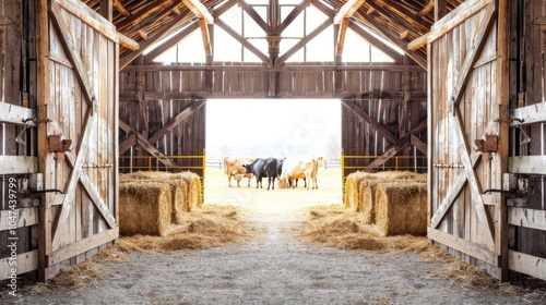 Cows Looking Out from Inside a Wooden Barn