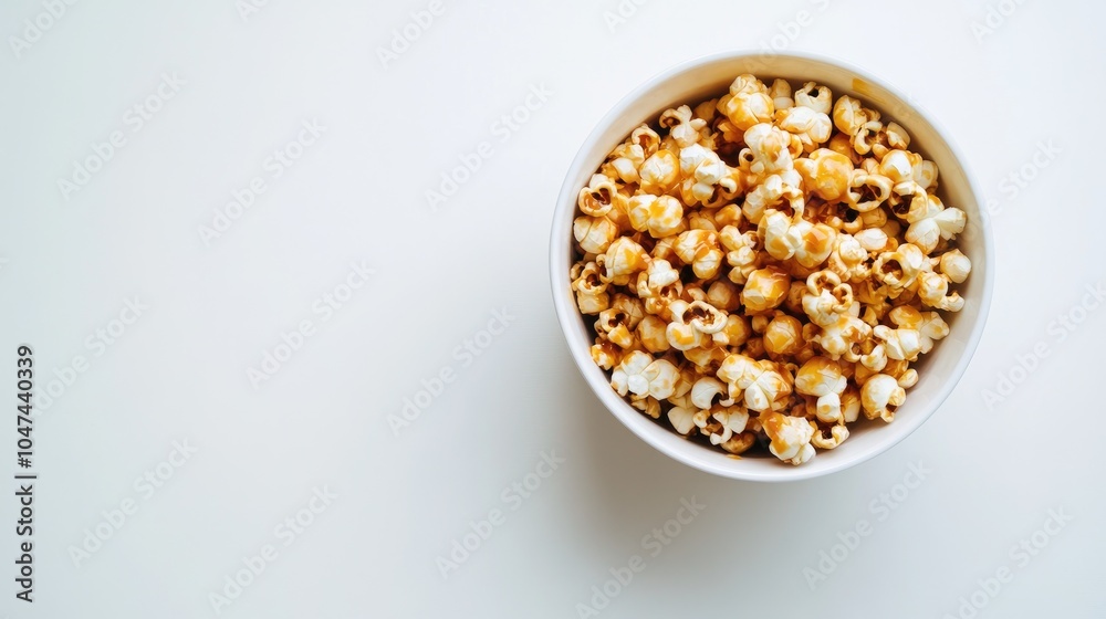 A bowl of caramel popcorn neatly arranged on a white background, perfect for movie night snack concepts or casual gatherings. A bowl of caramel popcorn neatly arranged on a white background, perfect for movie night snack concepts or casual gatherings.