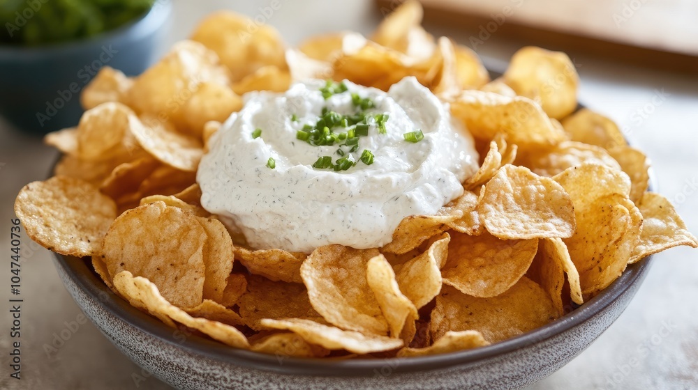A bowl of crunchy potato chips and dip, ready to enjoy during a casual gathering or movie night. The perfect salty snack for any occasion. A bowl of crunchy potato chips and dip, ready to enjoy during a casual gathering or movie night. The perfect salty snack for any occasion.