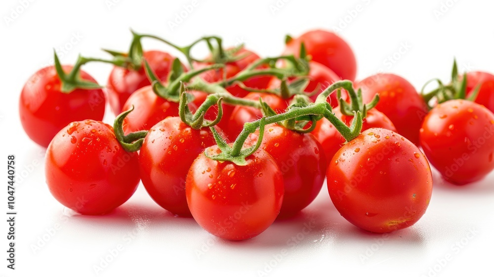 A cluster of red ripe cherry tomatoes with green stems and water droplets A cluster of red ripe cherry tomatoes with green stems and water droplets
