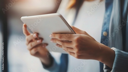 Person Holding Tablet in Bright Environment