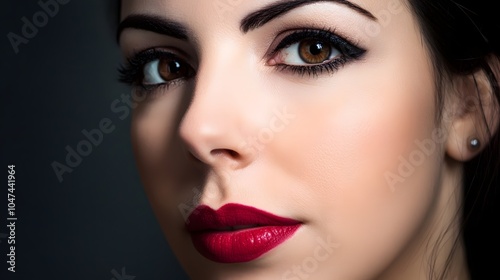 Close-up of a woman's face with bold red lipstick and dramatic eye makeup.