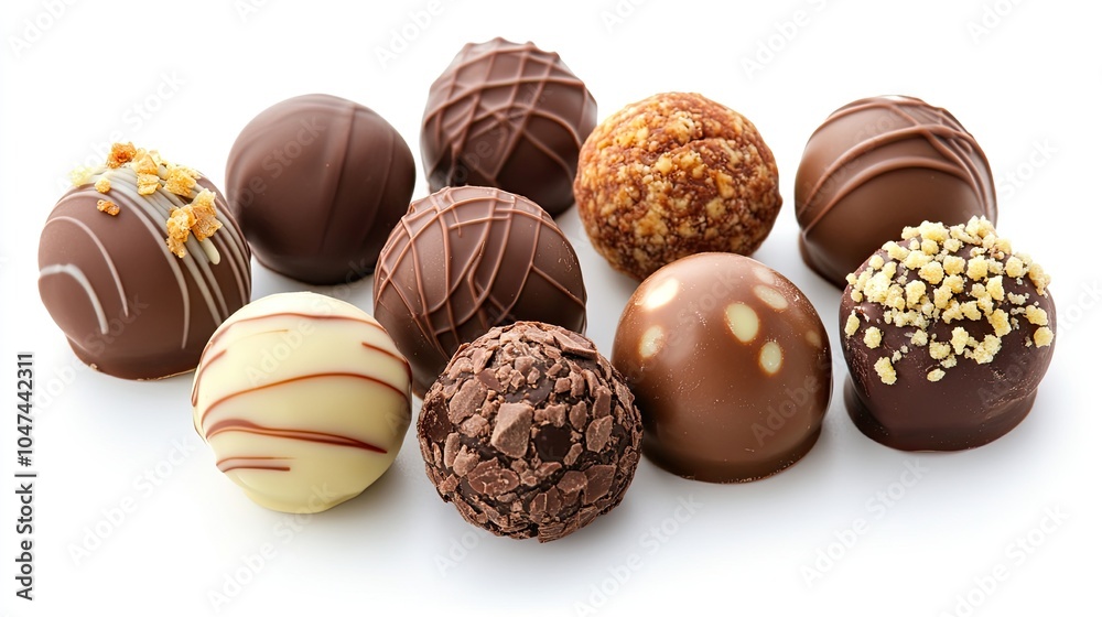 A neat arrangement of chocolate truffles on a white background, ideal for luxury dessert or gourmet chocolate concepts.