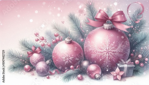 Weihnachtskugeln in Transcendent Pink, arrangiert mit Tannenzweigen, Schleifen, Blüten und Sternen, vor einem zarten pastellfarbenen Hintergrund. Festliche Weihnachtsdekoration. Generative KI