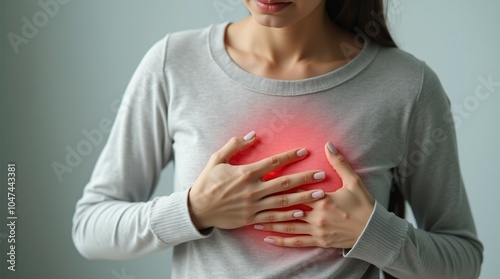 Adult female with heart attack or heart burn condition stock photo.