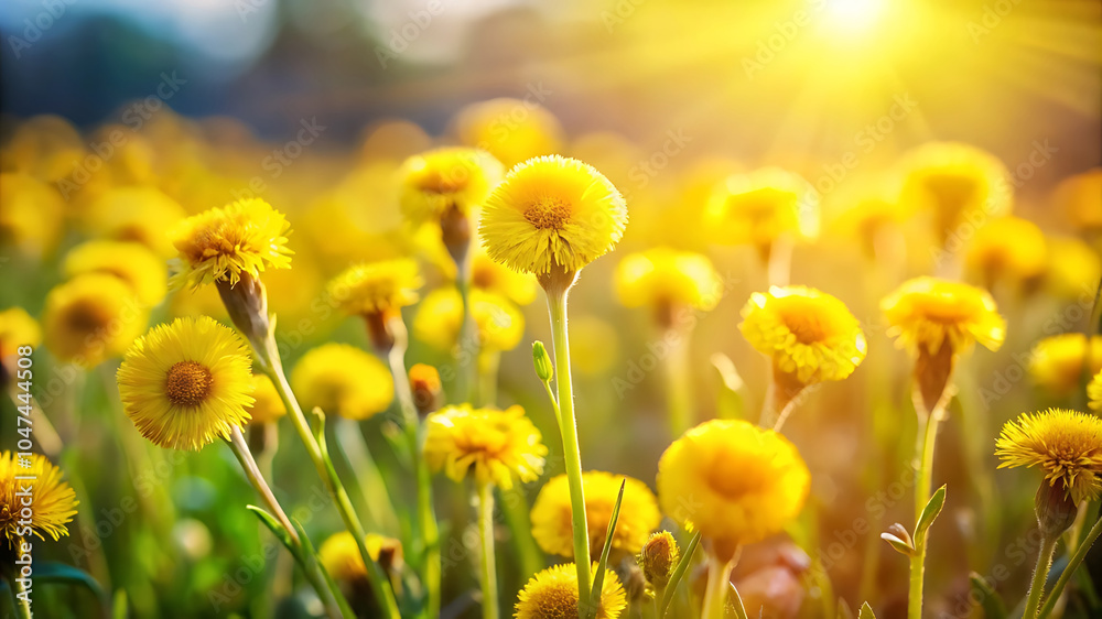 Obraz premium Adorable little yellow wildflowers with soft, fluffy petals blooming in a meadow on a sunny spring or summer day. Captured with selective focus for a delicate, natural look.