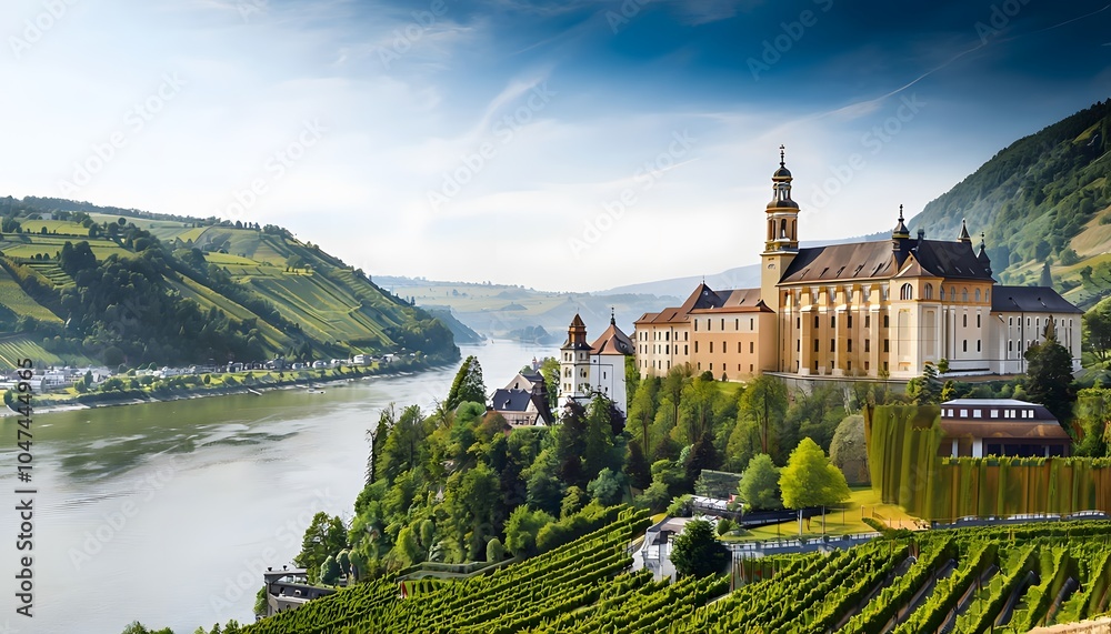 Fototapeta premium Melk Abbey Overlooking the Danube River Surrounded by Greenery