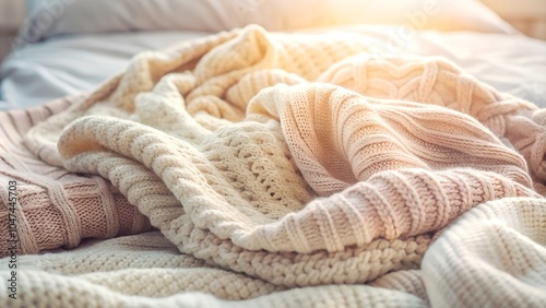 Soft pastel knit blankets layered in cozy pile