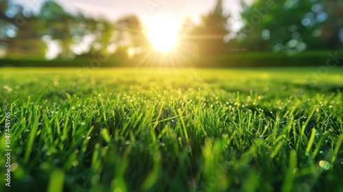 Close-up View of Dewy Green Grass with Sun Shining Through Trees in the Background photo