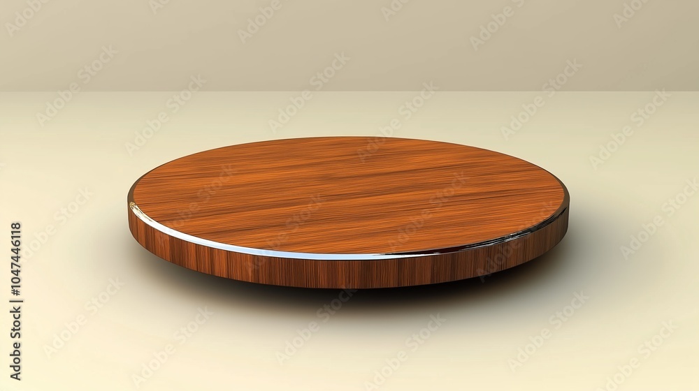 A circular wooden platform with a thin silver rim A circular wooden platform with a thin silver rim