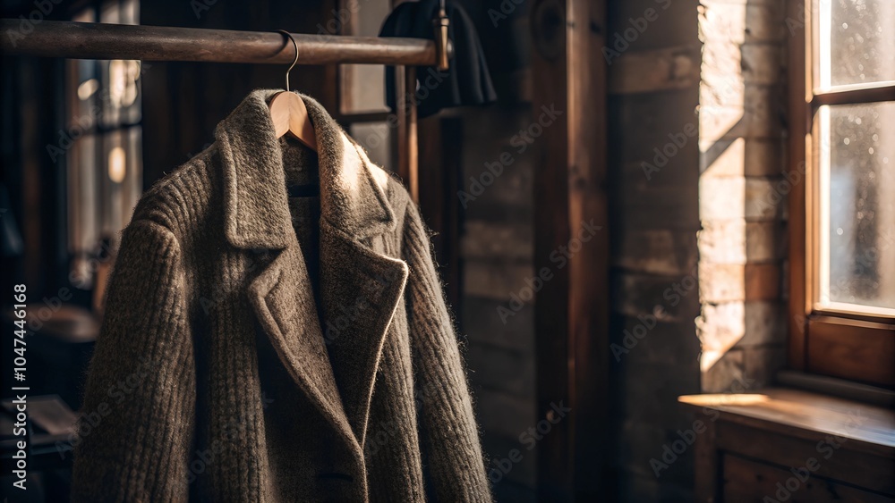 Fototapeta premium Beige wool coat hanging by rustic window in warm light