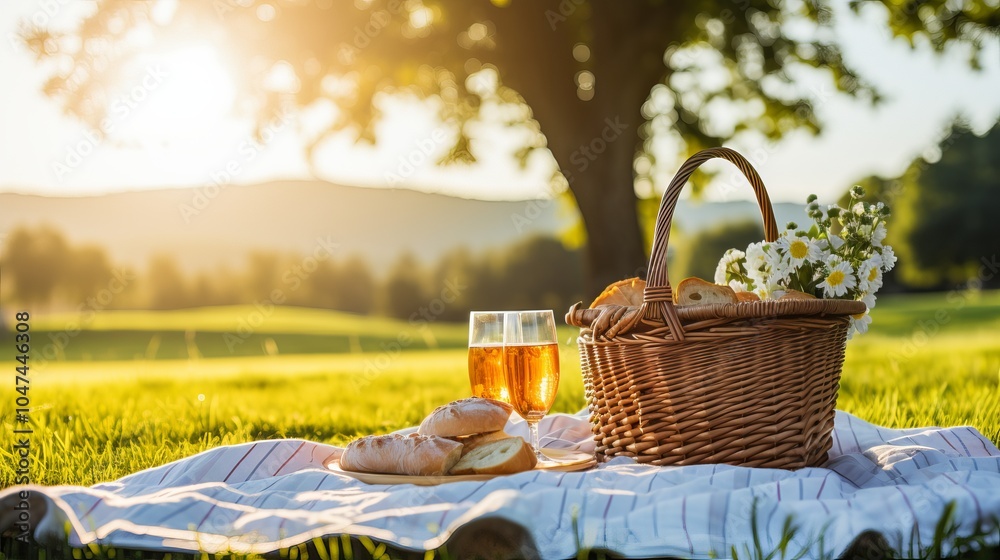 Enjoying a sunset picnic in a serene park with food and drinks resting on a blanket Enjoying a sunset picnic in a serene park with food and drinks resting on a blanket