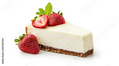 A slice of rich cheesecake garnished with fresh strawberries, isolated on a white background, creating a clean and enticing dessert concept.