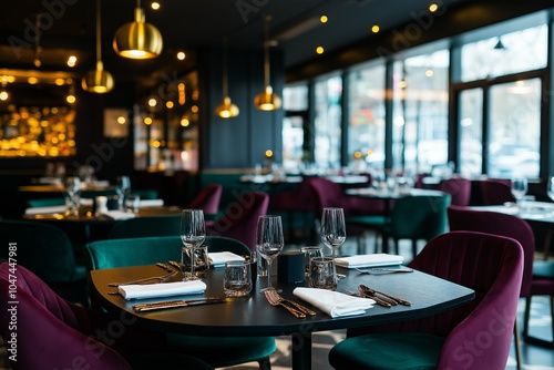 Elegant dining interior with burgundy and dark green accents in a warm atmosphere showcasing minimalist decor