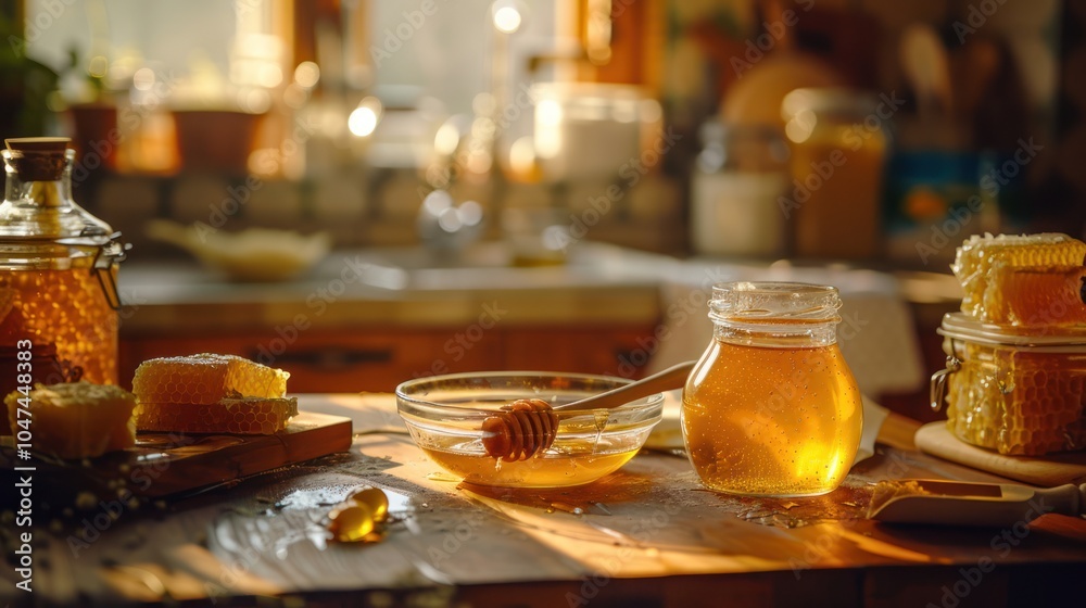 Honeycomb, Honey, and Dipping Stick on a Wooden Tabletop Honeycomb, Honey, and Dipping Stick on a Wooden Tabletop