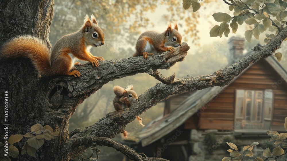 Obraz premium Squirrels on a Branch
