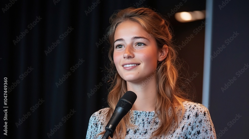 Young Woman Speaking at Event with Microphone Young Woman Speaking at Event with Microphone