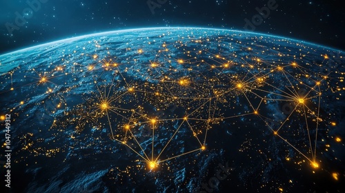 Fototapeta Naklejka Na Ścianę i Meble -  Night view of Earth from space showcasing vibrant city lights connected by network lines across continents